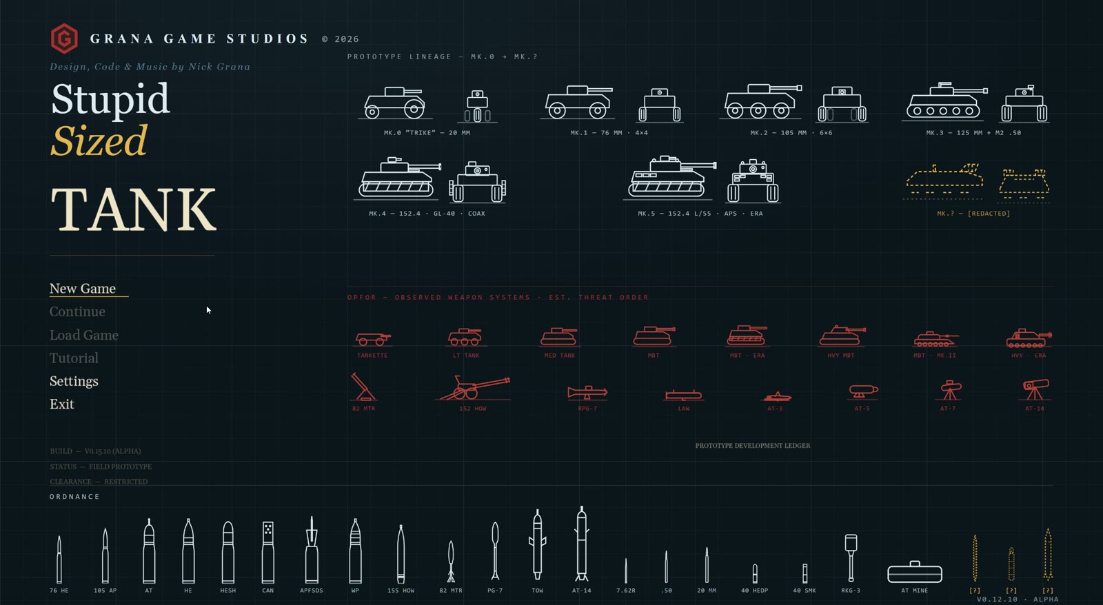 The title screen: a development ledger of tank marks, enemy silhouettes and ordnance