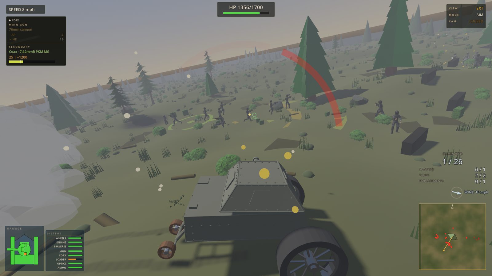 Exterior view: the tank under artillery fire as enemy infantry advance through a pine forest