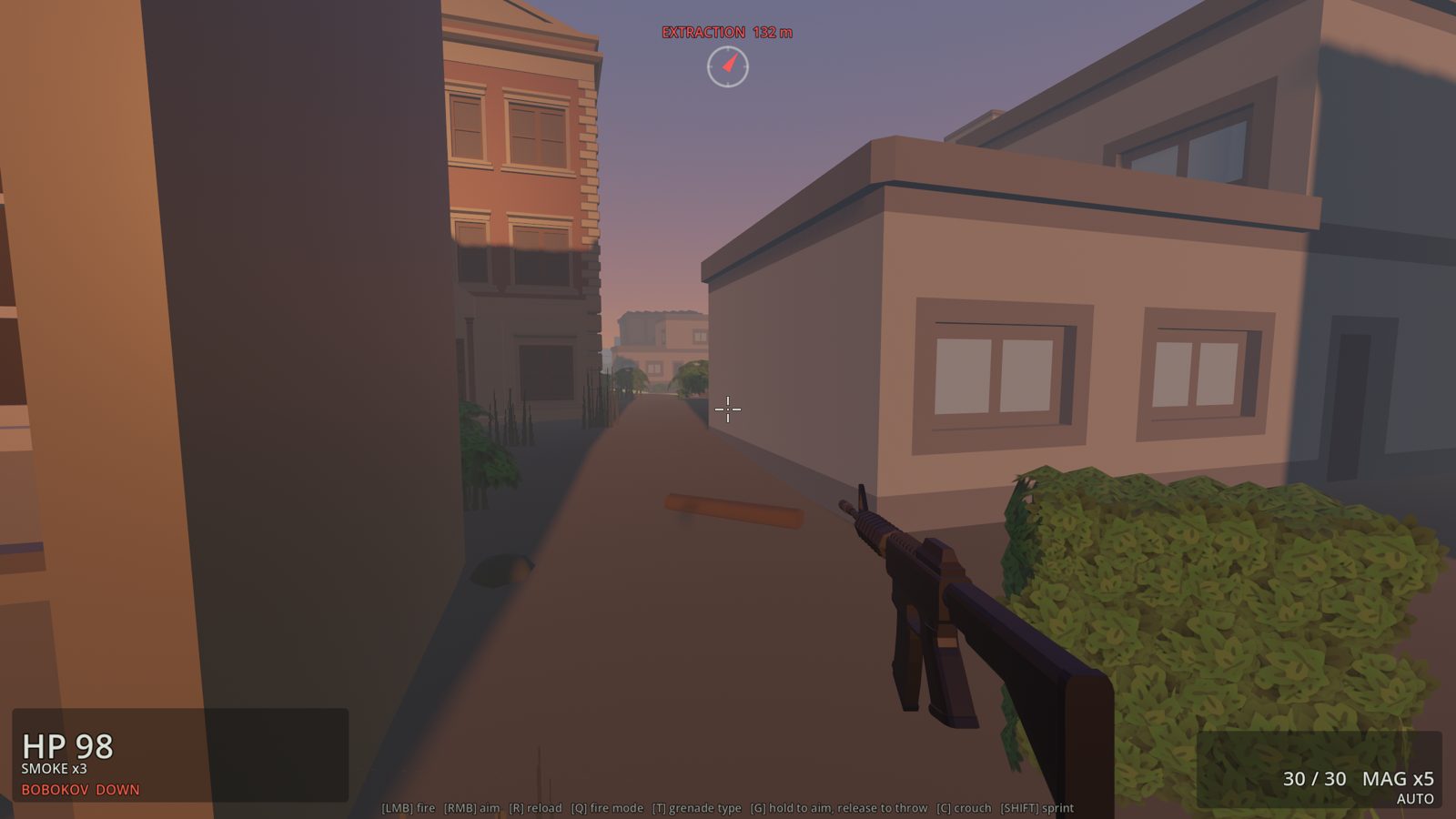 On foot after bailing out: rifle raised in a city alley, extraction 132 m away