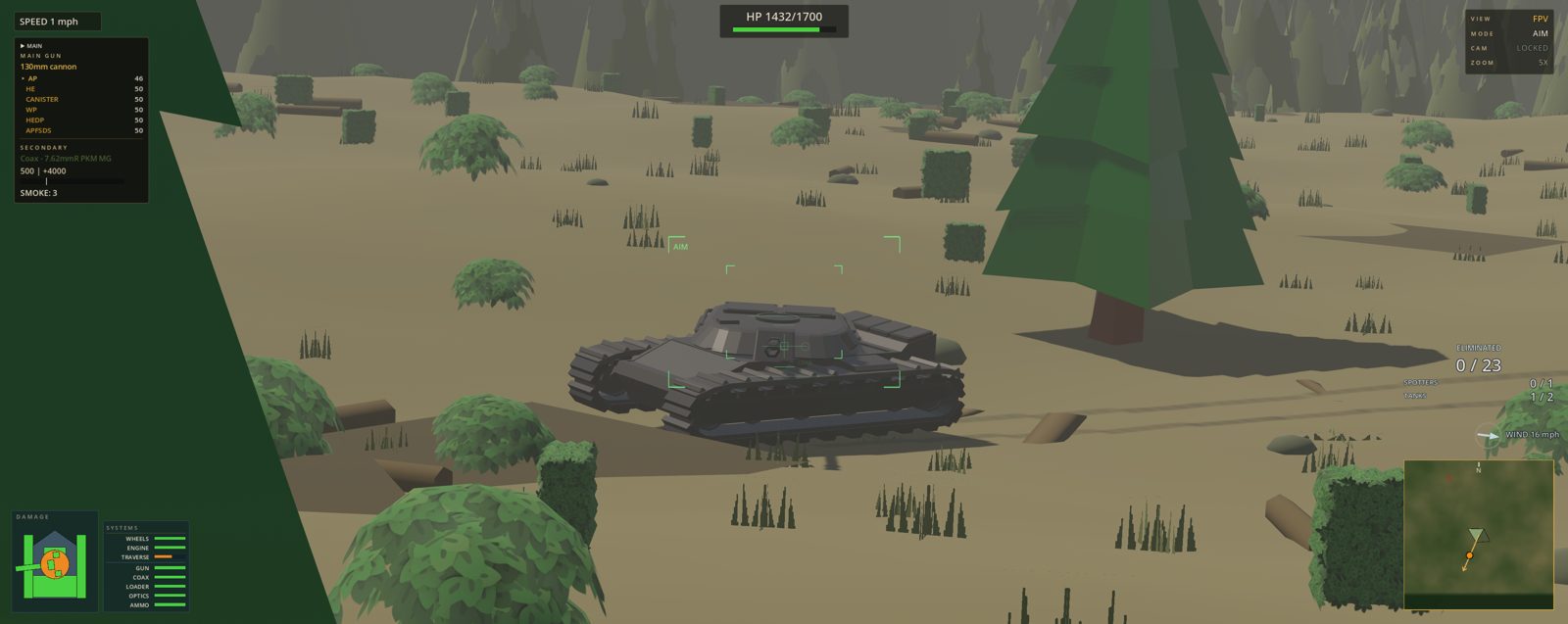 An enemy tank on a forest floor between pines